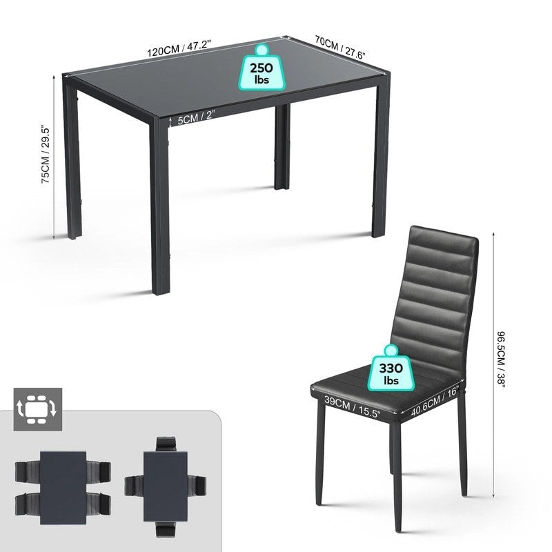 Table à manger 5 pièces en verre, chaises de cuisine modernes pour 4 personnes avec dossier haut en cuir PU