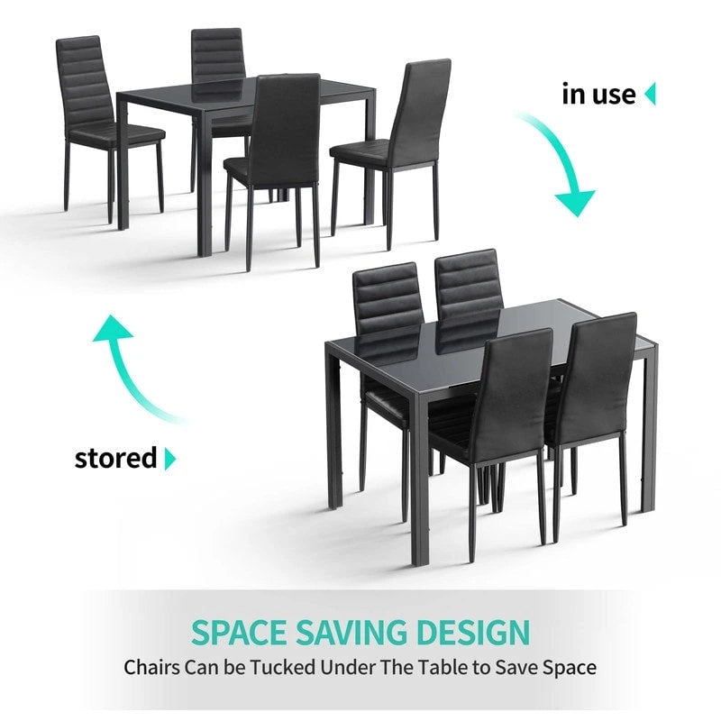 Table à manger 5 pièces en verre, chaises de cuisine modernes pour 4 personnes avec dossier haut en cuir PU
