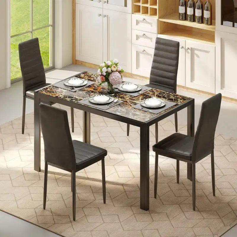Table à manger 5 pièces en verre, chaises de cuisine modernes pour 4 personnes avec dossier haut en cuir PU