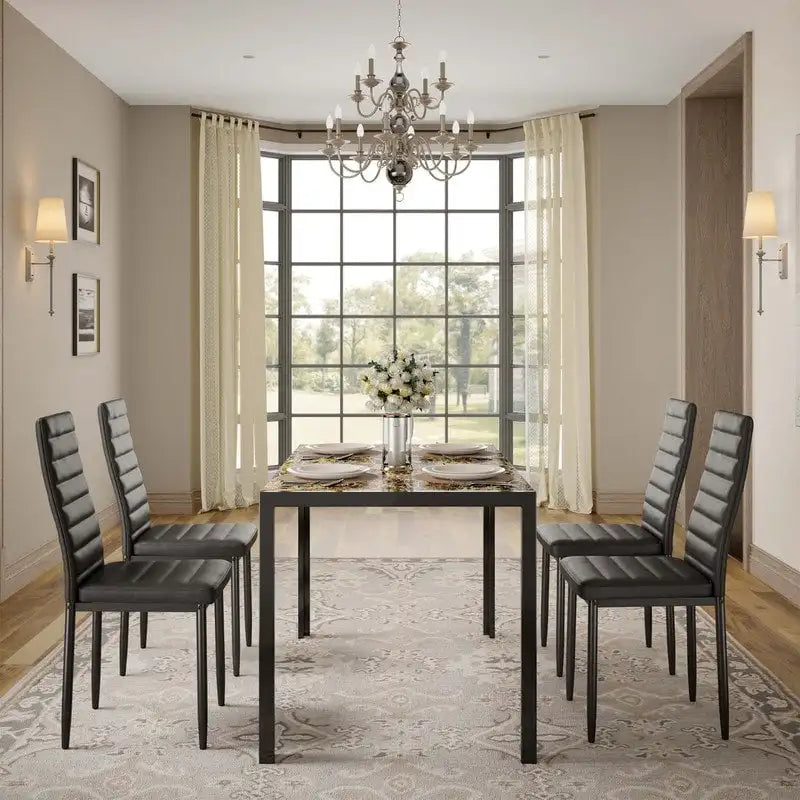Table à manger 5 pièces en verre, chaises de cuisine modernes pour 4 personnes avec dossier haut en cuir PU