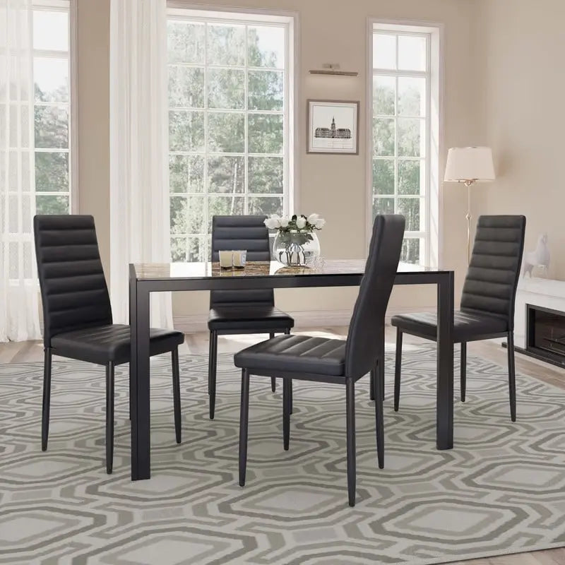 Table à manger 5 pièces en verre, chaises de cuisine modernes pour 4 personnes avec dossier haut en cuir PU