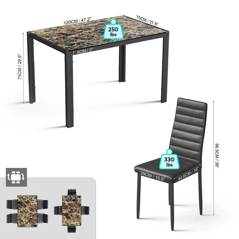 Table à manger 5 pièces en verre, chaises de cuisine modernes pour 4 personnes avec dossier haut en cuir PU