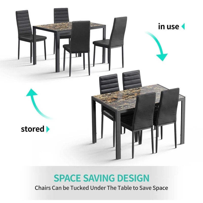 Table à manger 5 pièces en verre, chaises de cuisine modernes pour 4 personnes avec dossier haut en cuir PU