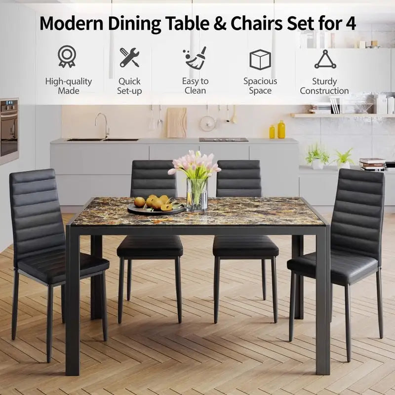 Table à manger 5 pièces en verre, chaises de cuisine modernes pour 4 personnes avec dossier haut en cuir PU