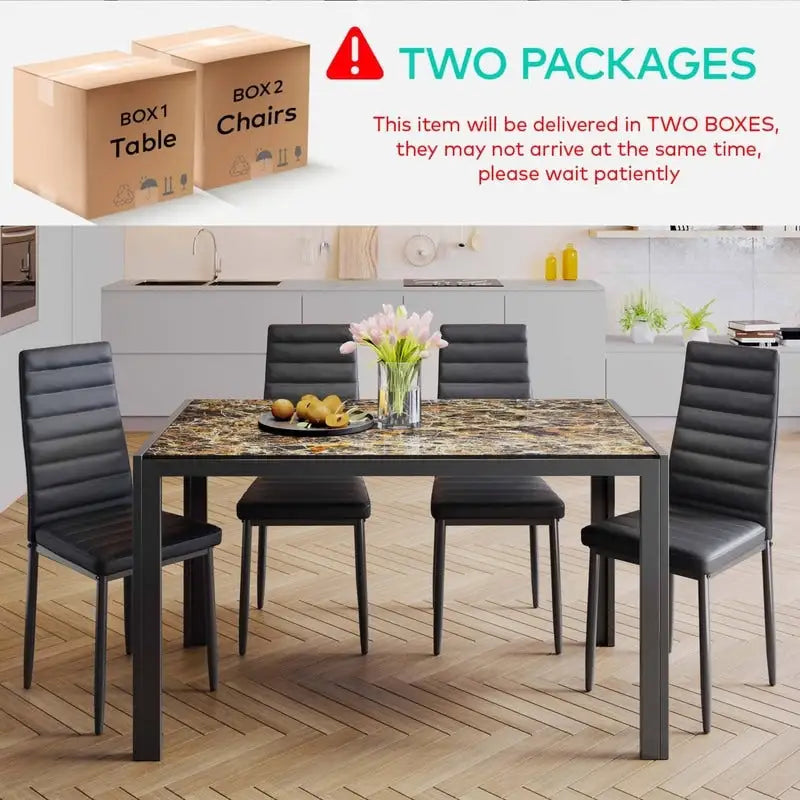 Table à manger 5 pièces en verre, chaises de cuisine modernes pour 4 personnes avec dossier haut en cuir PU
