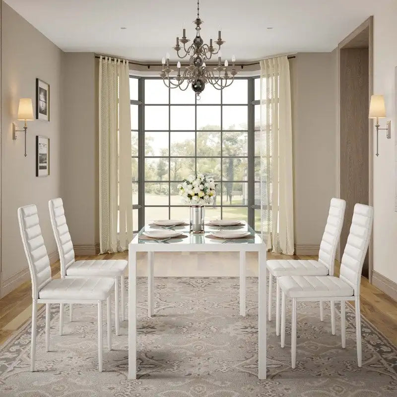 Table à manger 5 pièces en verre, chaises de cuisine modernes pour 4 personnes avec dossier haut en cuir PU