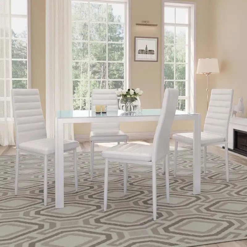 Table à manger 5 pièces en verre, chaises de cuisine modernes pour 4 personnes avec dossier haut en cuir PU