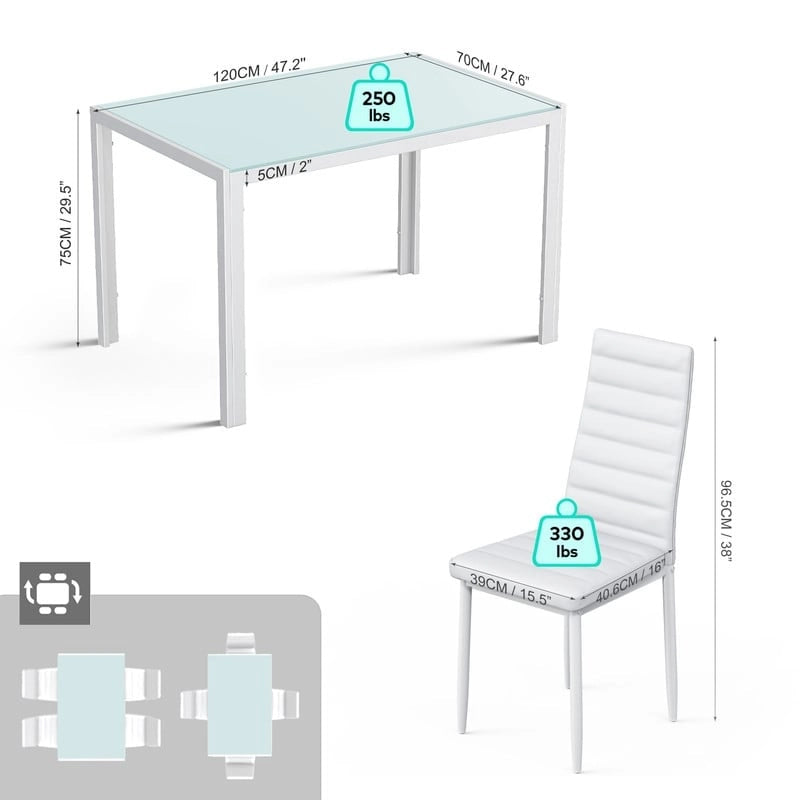 Table à manger 5 pièces en verre, chaises de cuisine modernes pour 4 personnes avec dossier haut en cuir PU