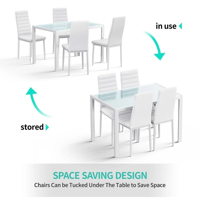 Table à manger 5 pièces en verre, chaises de cuisine modernes pour 4 personnes avec dossier haut en cuir PU