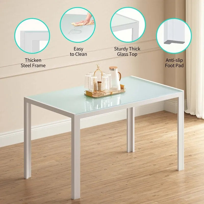 Table à manger 5 pièces en verre, chaises de cuisine modernes pour 4 personnes avec dossier haut en cuir PU