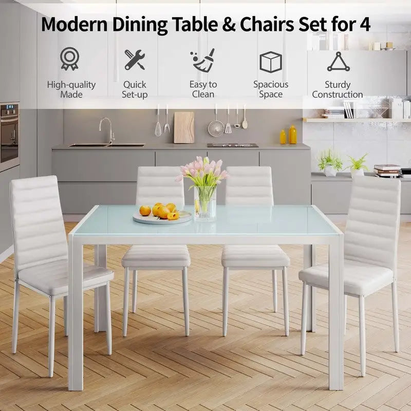 Table à manger 5 pièces en verre, chaises de cuisine modernes pour 4 personnes avec dossier haut en cuir PU