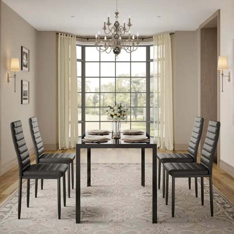 Table à manger 5 pièces en verre, chaises de cuisine modernes pour 4 personnes avec dossier haut en cuir PU