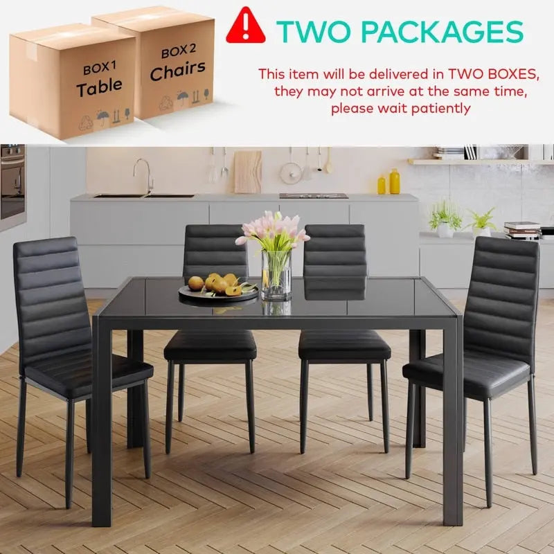Table à manger 5 pièces en verre, chaises de cuisine modernes pour 4 personnes avec dossier haut en cuir PU