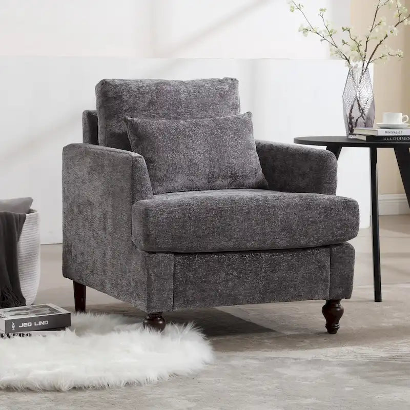 Fauteuil Chenille Rembourré en Bois Style Mid-Century pour Salon