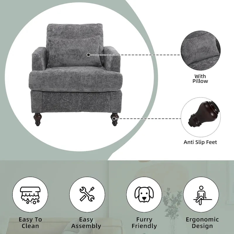 Fauteuil Chenille Rembourré en Bois Style Mid-Century pour Salon