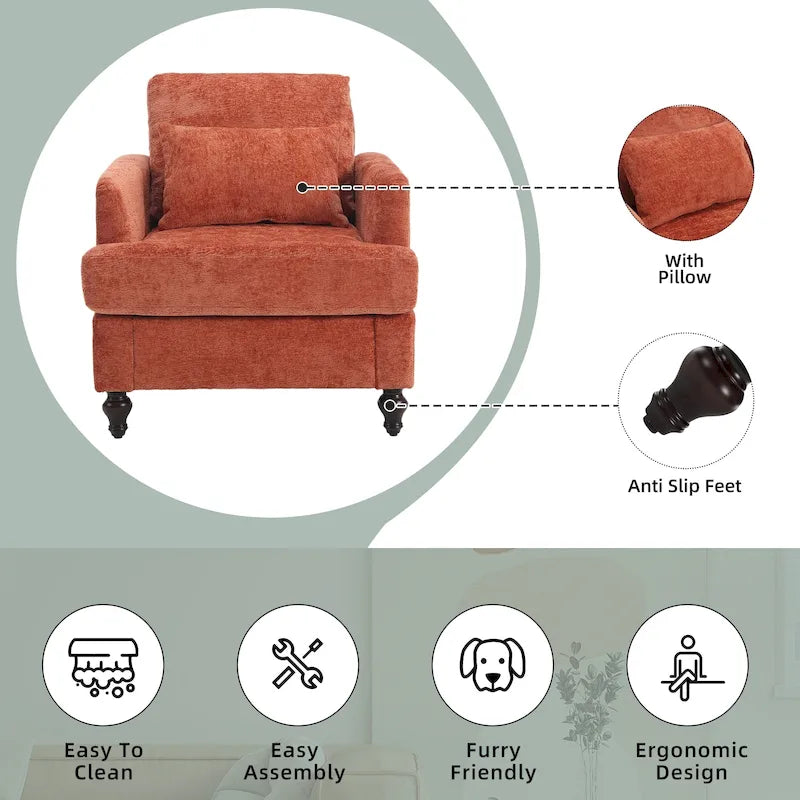 Fauteuil Chenille Rembourré en Bois Style Mid-Century pour Salon