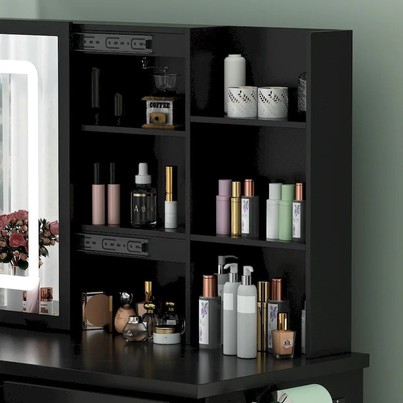 Coiffeuse avec miroir de maquillage éclairé et station de recharge