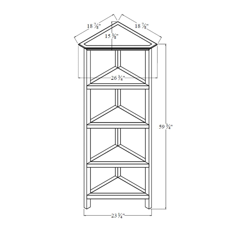 Bibliothèque d'angle en bois, 4 étagères, finition gris lavé