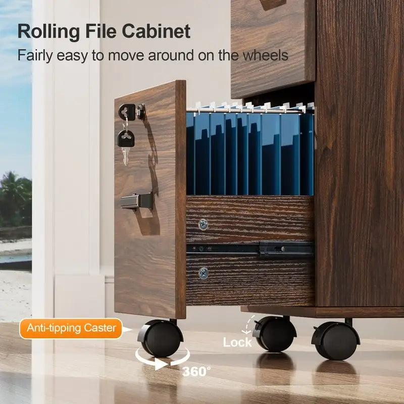 2-Drawer Rolling Wood File Cabinet with Lock