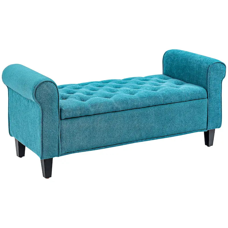 Banc de rangement ottoman de 50 po, banc rembourré pour pied de lit avec accoudoirs roulés, pieds en bois, banc de rangement touffeté gris