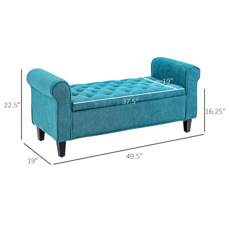 Banc de rangement ottoman de 50 po, banc rembourré pour pied de lit avec accoudoirs roulés, pieds en bois, banc de rangement touffeté gris
