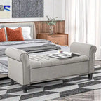 Banc de rangement ottoman de 50 po, banc rembourré pour pied de lit avec accoudoirs roulés, pieds en bois, banc de rangement touffeté gris