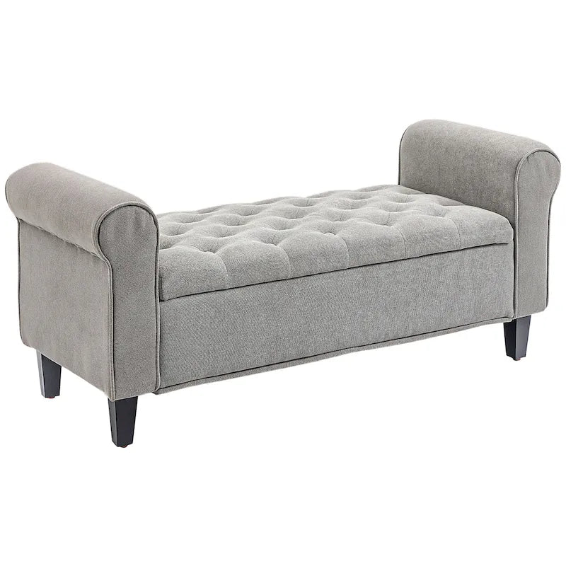 Banc de rangement ottoman de 50 po, banc rembourré pour pied de lit avec accoudoirs roulés, pieds en bois, banc de rangement touffeté gris