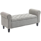 Banc de rangement ottoman de 50 po, banc rembourré pour pied de lit avec accoudoirs roulés, pieds en bois, banc de rangement touffeté gris