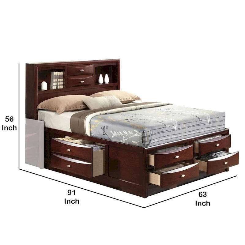 Panel Design Queen Size Bed with Bookcase and Drawers, Brown