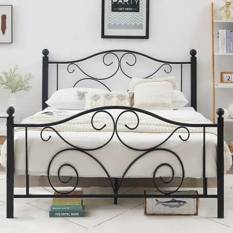 Metal Bed Frame with Arched Headboard and Footboard, Heavy Duty Steel Slat Support, No Box Spring Needed