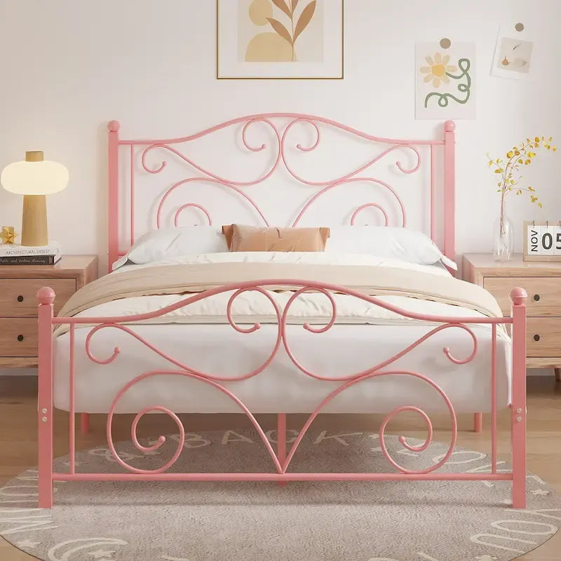 Metal Bed Frame with Arched Headboard and Footboard, Heavy Duty Steel Slat Support, No Box Spring Needed