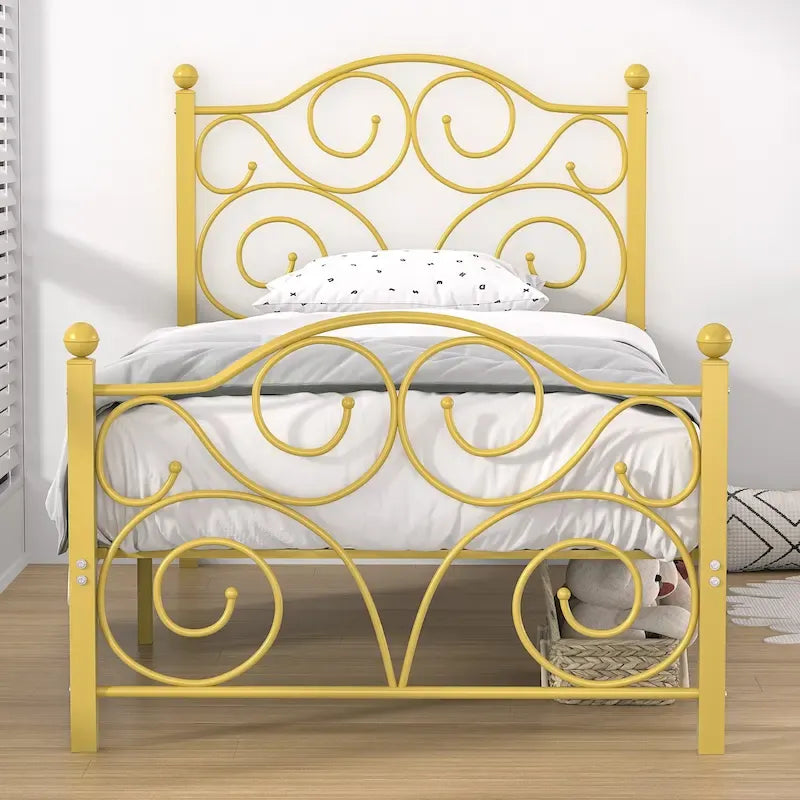 Metal Bed Frame with Arched Headboard and Footboard, Heavy Duty Steel Slat Support, No Box Spring Needed
