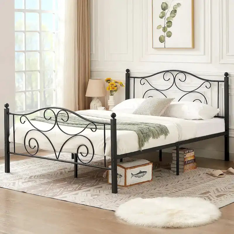 Metal Bed Frame with Arched Headboard and Footboard, Heavy Duty Steel Slat Support, No Box Spring Needed