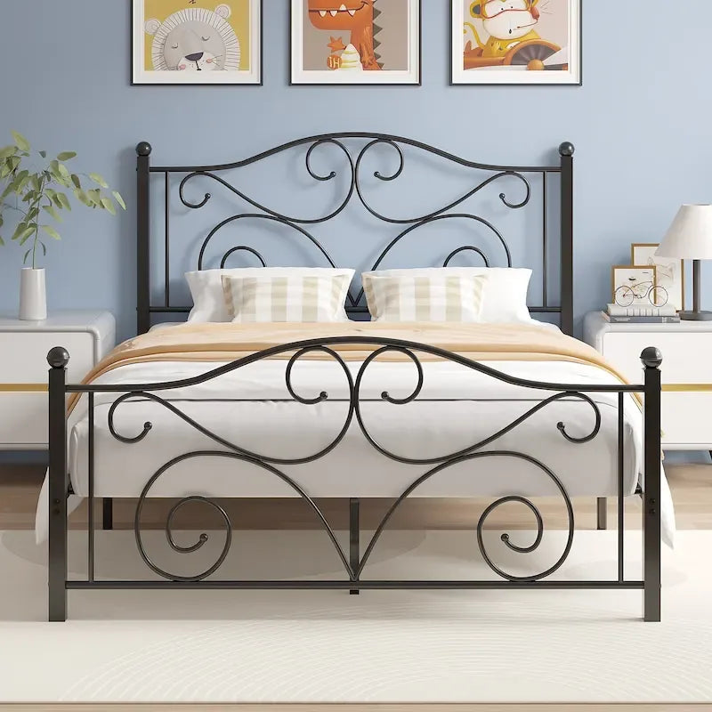 Metal Bed Frame with Arched Headboard and Footboard, Heavy Duty Steel Slat Support, No Box Spring Needed