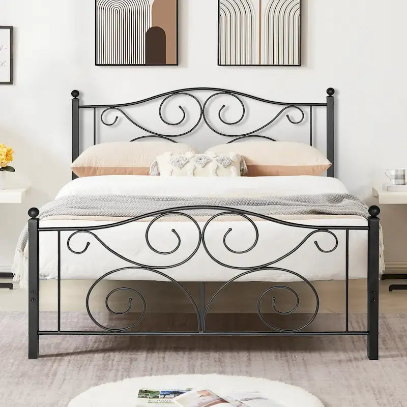 Metal Bed Frame with Arched Headboard and Footboard, Heavy Duty Steel Slat Support, No Box Spring Needed