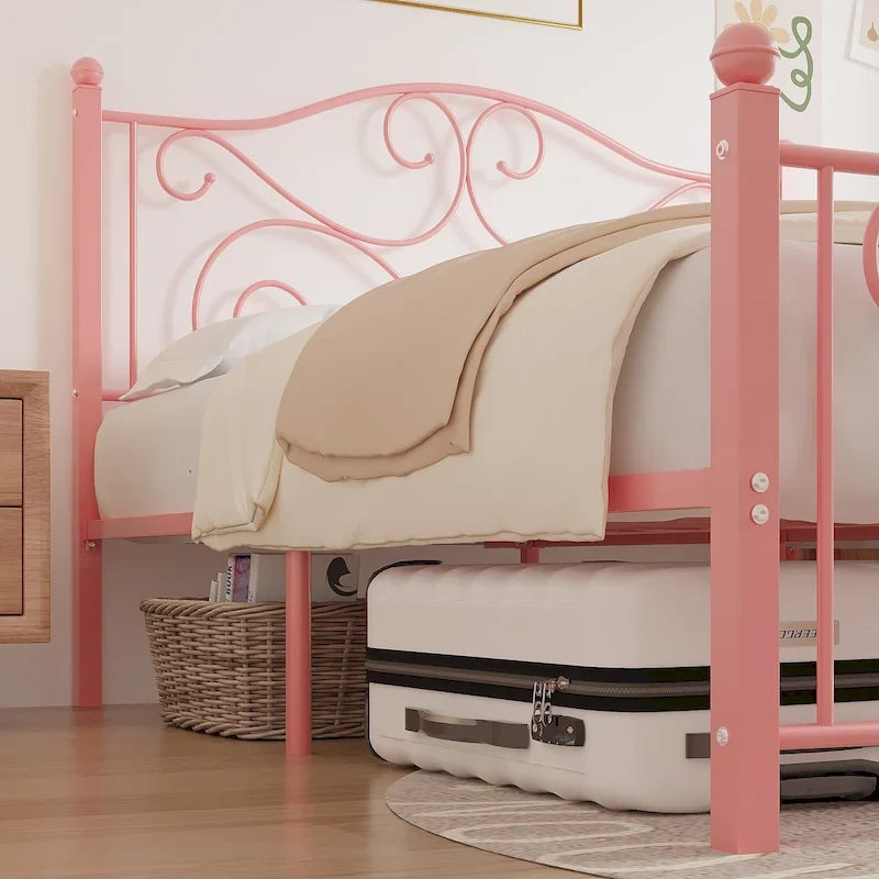 Metal Bed Frame with Arched Headboard and Footboard, Heavy Duty Steel Slat Support, No Box Spring Needed