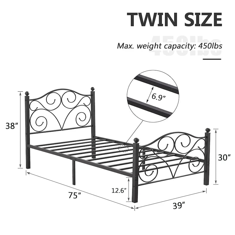 Metal Bed Frame with Arched Headboard and Footboard, Heavy Duty Steel Slat Support, No Box Spring Needed