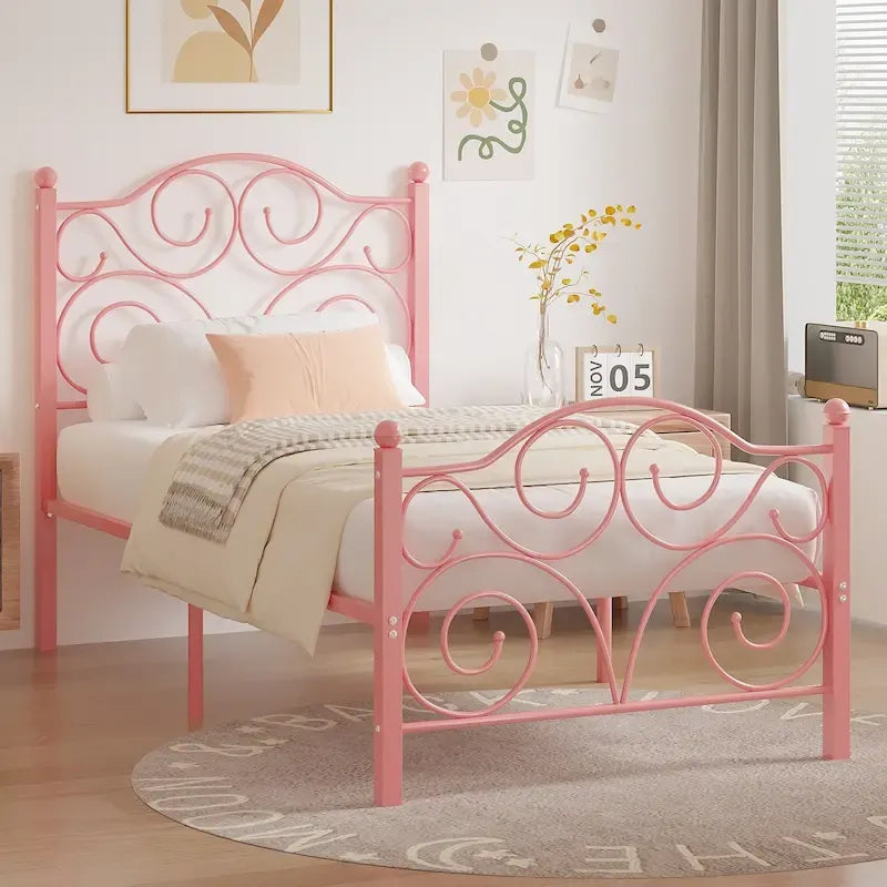 Metal Bed Frame with Arched Headboard and Footboard, Heavy Duty Steel Slat Support, No Box Spring Needed