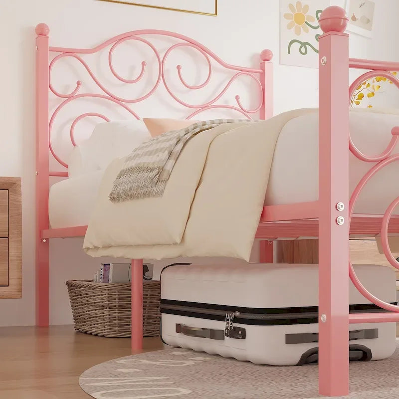 Metal Bed Frame with Arched Headboard and Footboard, Heavy Duty Steel Slat Support, No Box Spring Needed