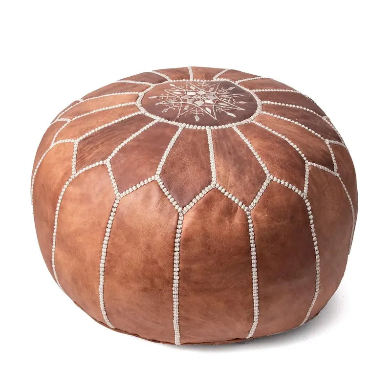 Pouf ottoman rembourré en cuir marocain fait main