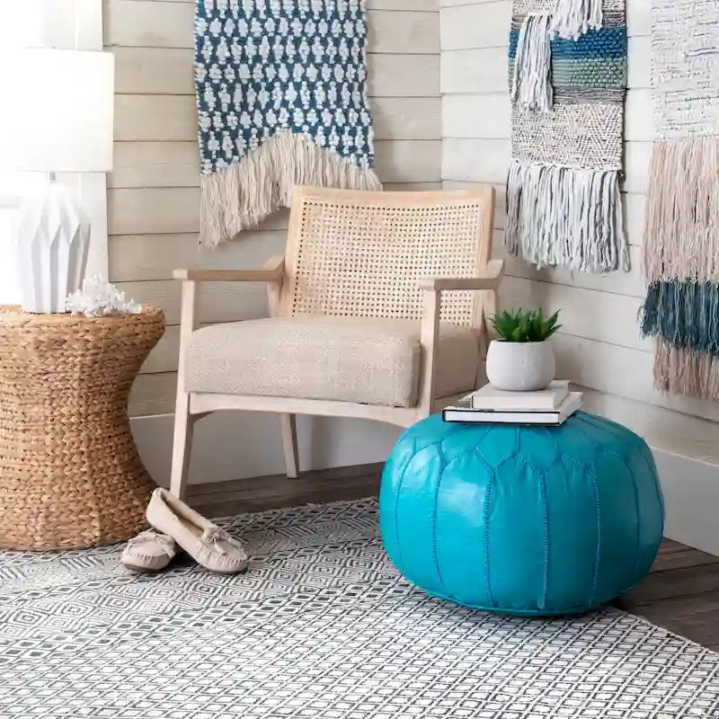 Pouf ottoman rembourré en cuir marocain fait main
