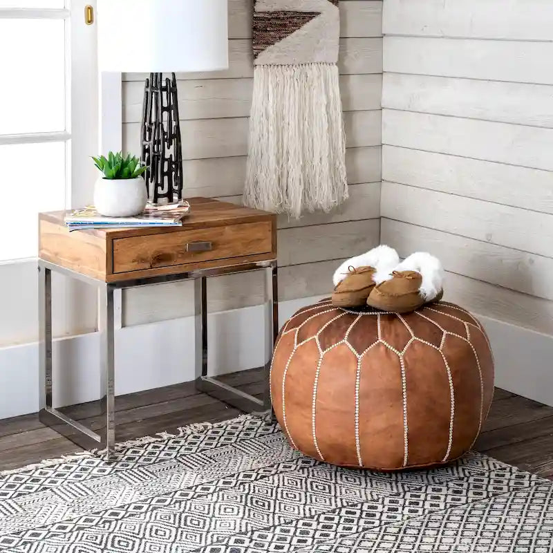 Pouf ottoman rembourré en cuir marocain fait main