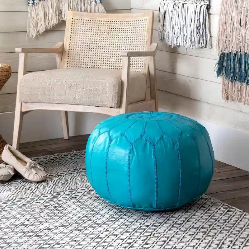 Pouf ottoman rembourré en cuir marocain fait main