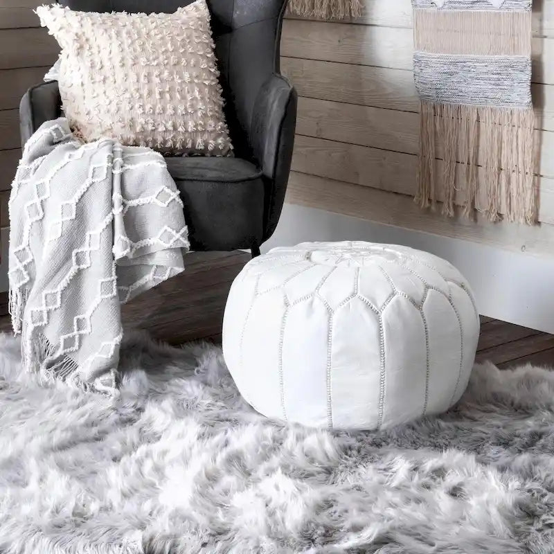 Pouf ottoman rembourré en cuir marocain fait main