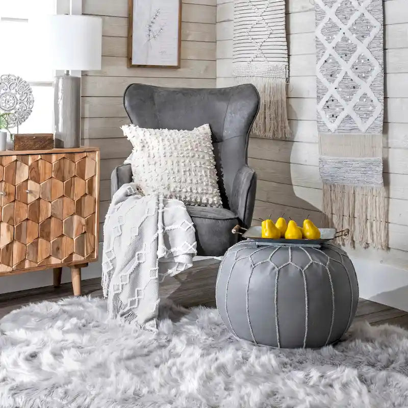 Pouf ottoman rembourré en cuir marocain fait main