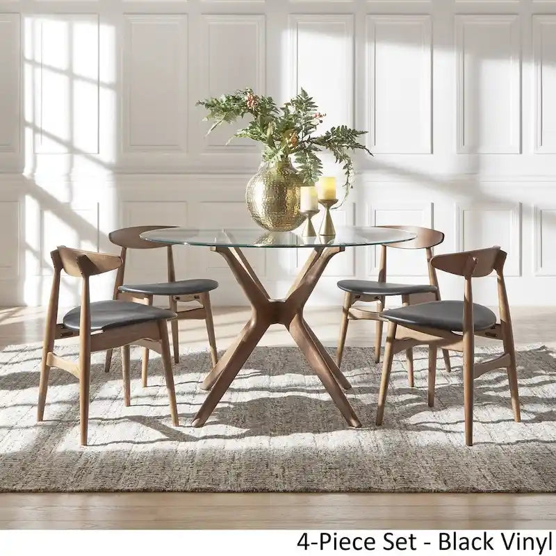 Table à manger ronde en noyer foncé et chaises avec plateau en verre - chaises de salle à manger à dossier incurvé
