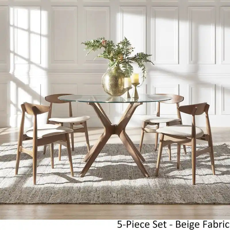 Table à manger ronde en noyer foncé et chaises avec plateau en verre - chaises de salle à manger à dossier incurvé