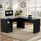 Bureau d'angle en L moderne style ferme avec plateau relevable, tiroirs pour dossiers et station de charge pour le bureau à domicile
