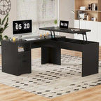 Bureau d'angle en L moderne style ferme avec plateau relevable, tiroirs pour dossiers et station de charge pour le bureau à domicile