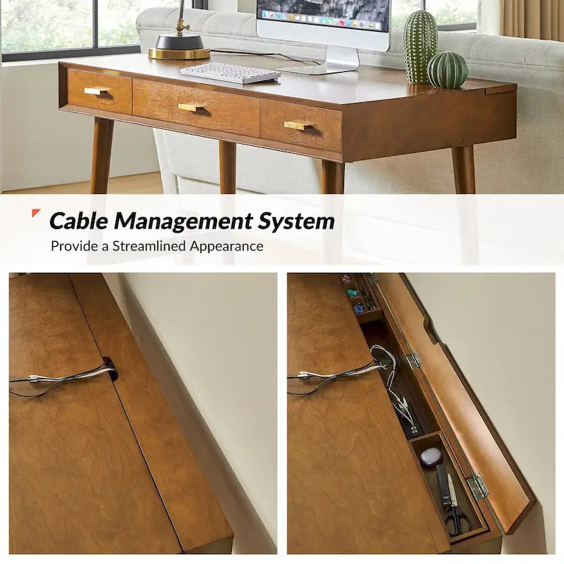 Un bureau d'ordinateur de 122 cm avec un design moderne de style médiéval et des ports USB.